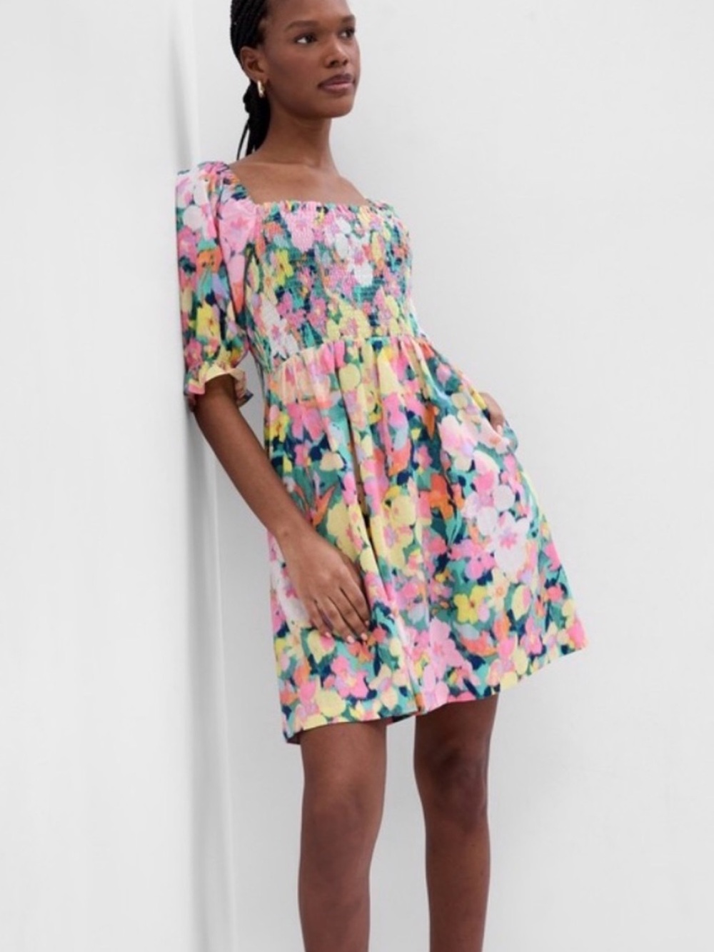 GAP Smocked Mini Dress in Pink, Yellow & Green Floral
